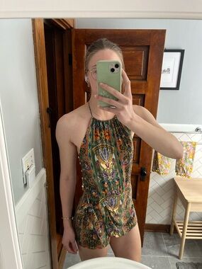 FARM Rio Halter Romper with Multicolor Print and Faux Wrap Skirt